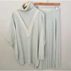 LIZ CLAIBORNE | Vintage Green Ivory Sweater Pleated Skirt Set Lambswool | Large